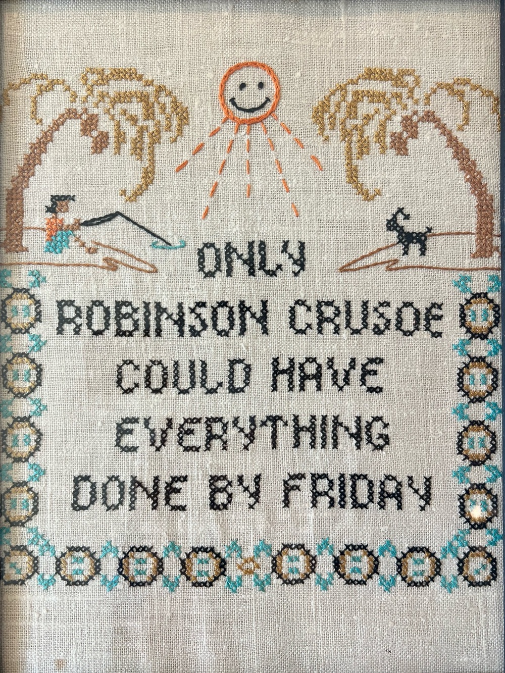 Vintage Framed Cross Stitch Sampler Robinson Crusoe Quote Island Folk Art - Picture 2 of 10